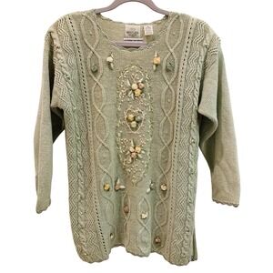 Vtg‎ Womens Cable Knit Sweater Embroidered 3D Floral Pullover Granny Cottagecore